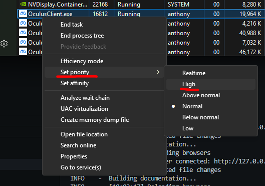 Changing Quest Link app's process priority