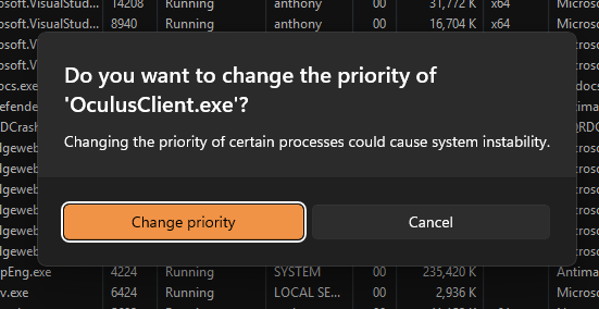 Changing Quest Link app's process priority